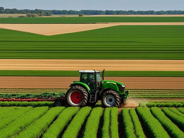 Row crop tractors in a field