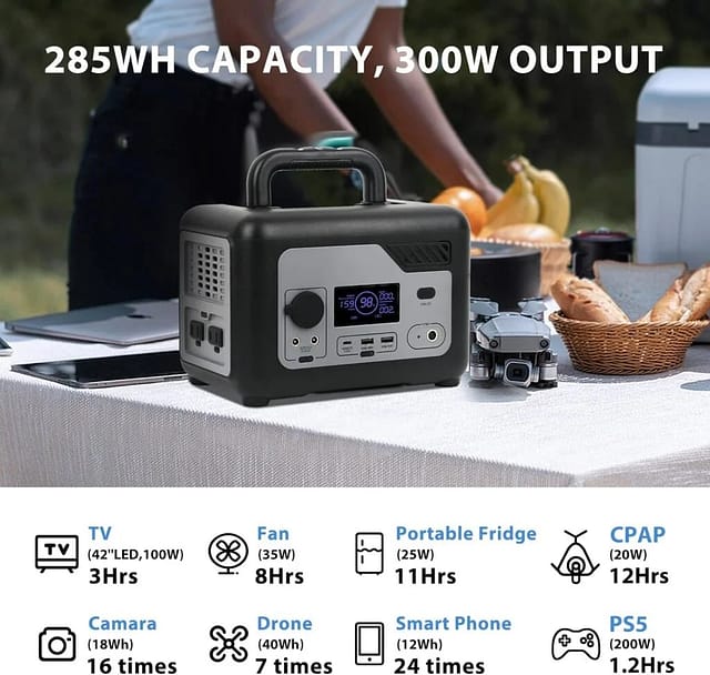 ODEER Portable Power Station, 285Wh Portable Solar Generator Portable Power Station 300W with AC Input, 2*DC 120W Output, 2* USB-A Output, LED Light for Outdoor Camping